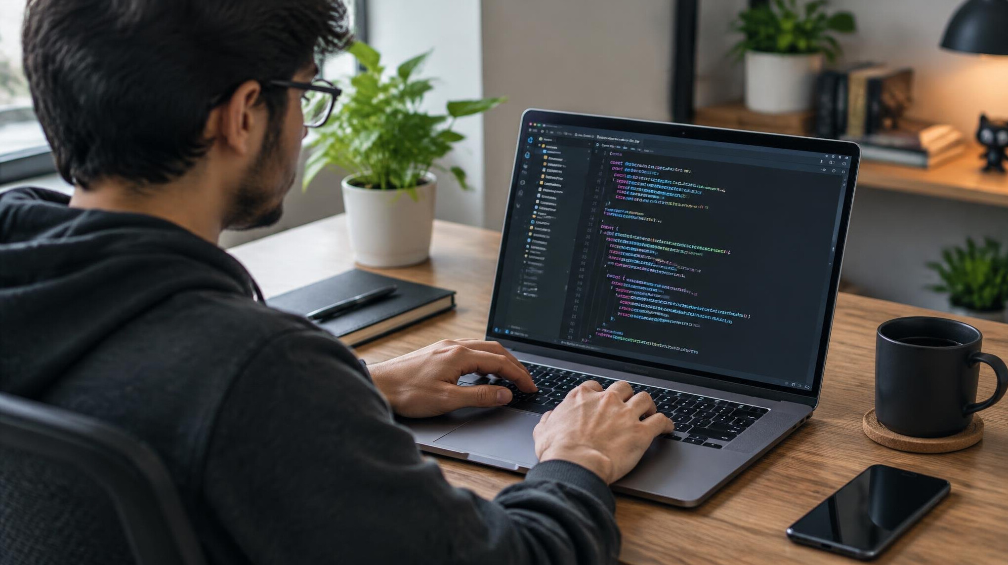 person writing code on laptop