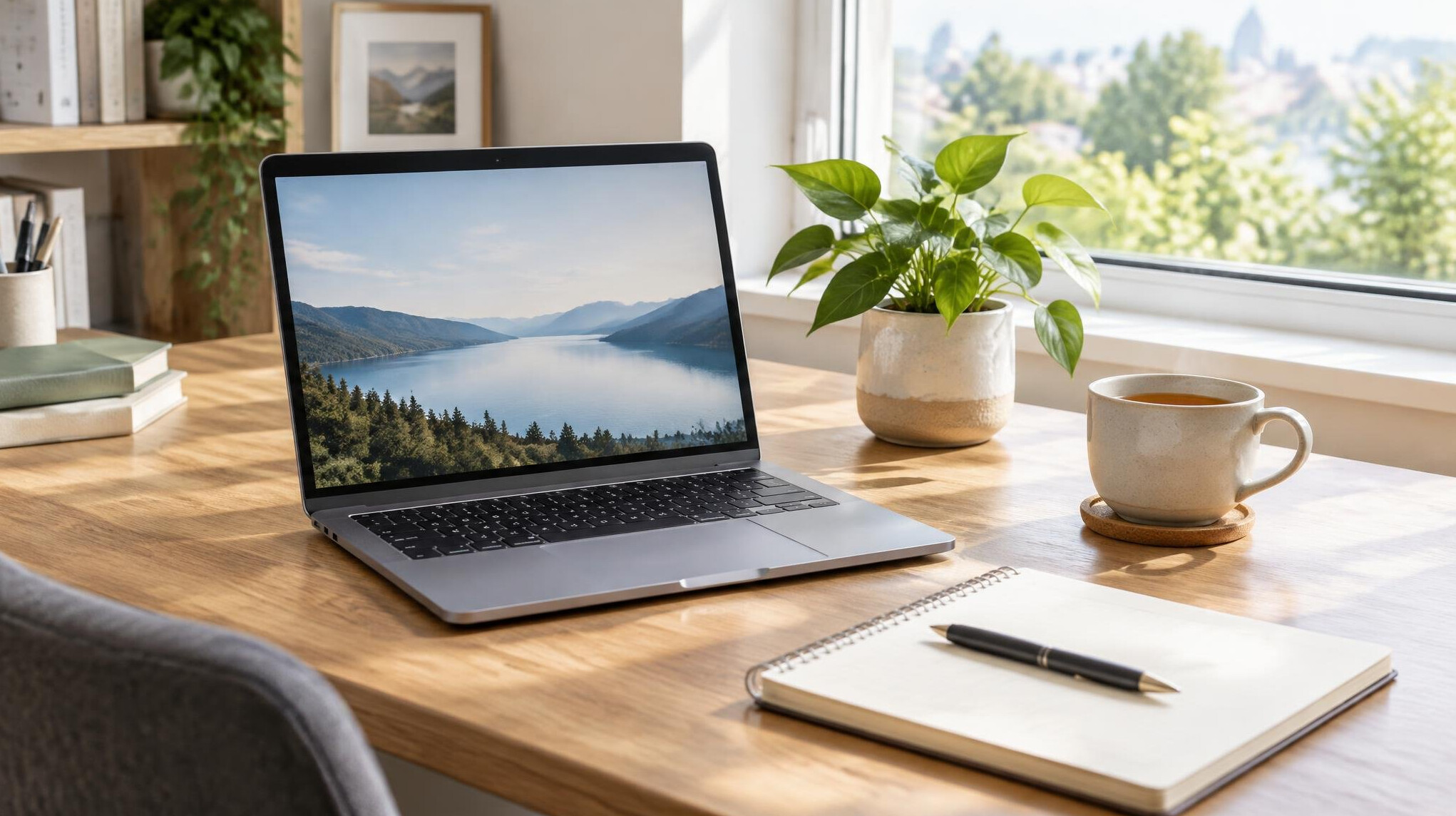 Bright modern workspace with a laptop, notebook and plant on a desk