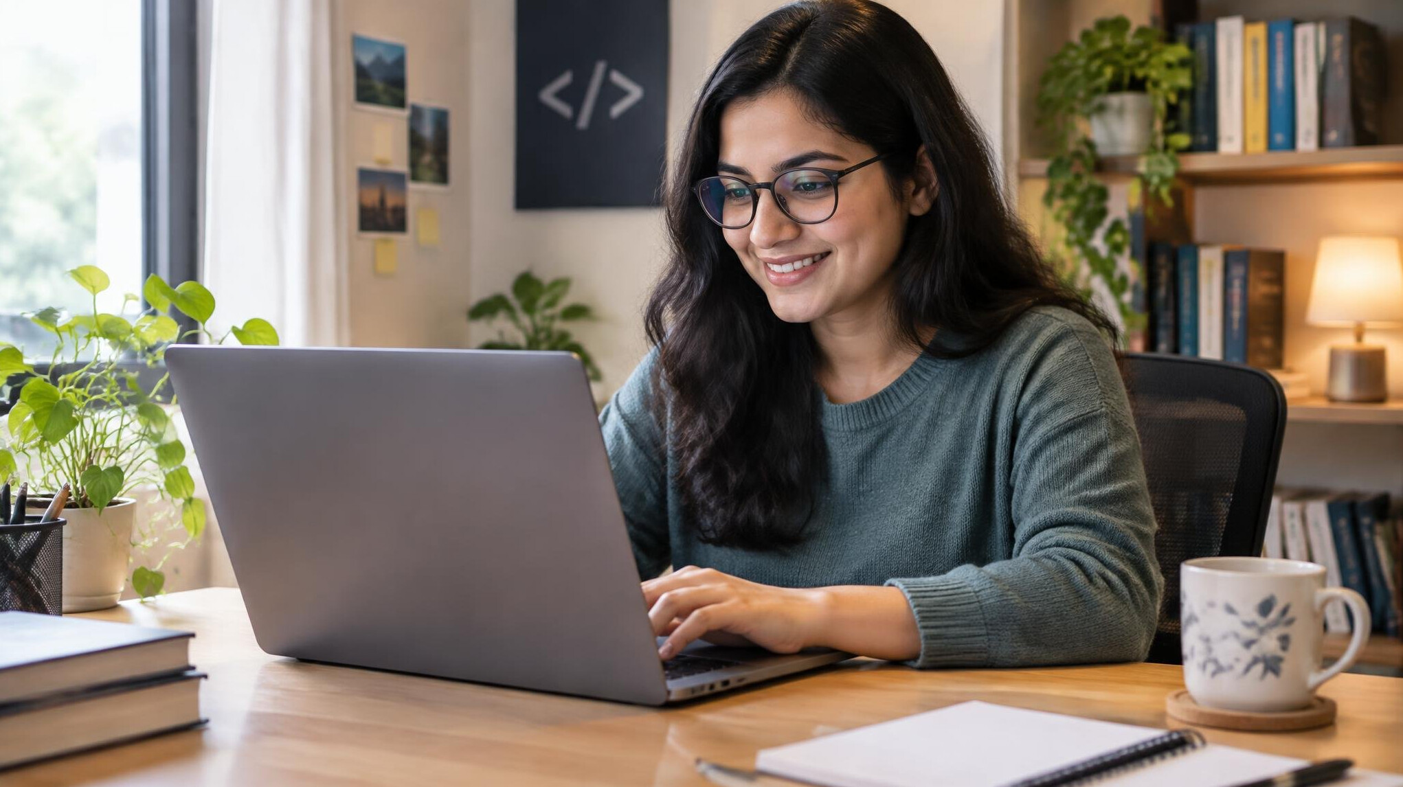 woman working on laptop at home